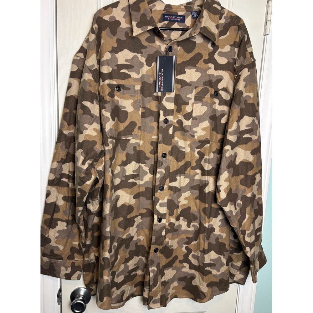 MENS ROUNDTREE & YORKE Big Man Flannel Shirt NWT 3XB Brown/Khaki Camo